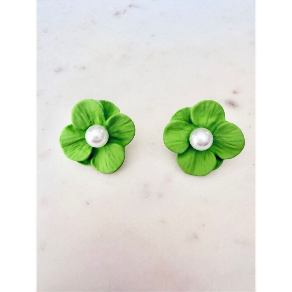 Lime Green Flower Pearl Stud Earrings Floral Statement Cottagecore Sprin